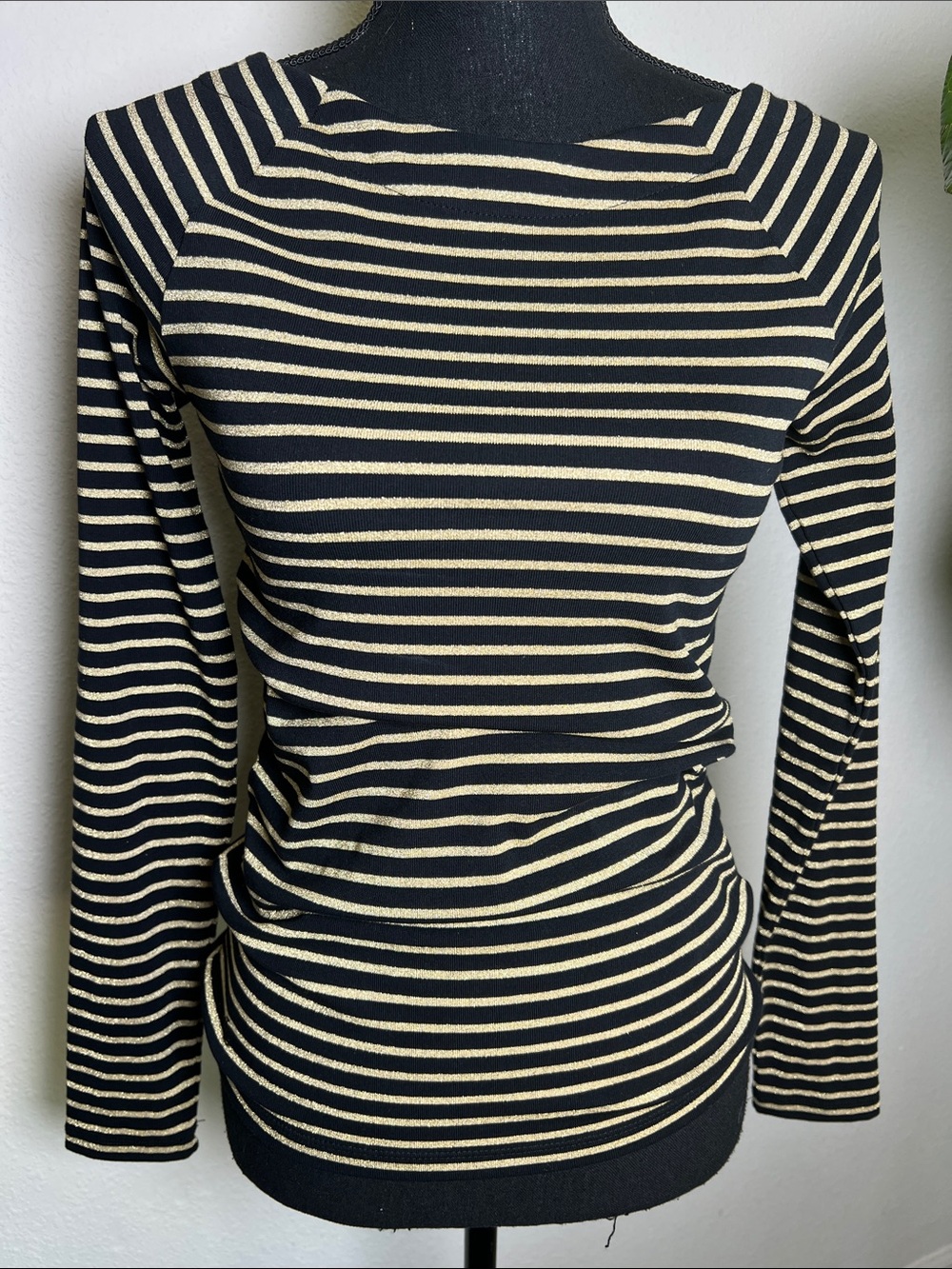 Ralph Lauren Women’s Boatneck Black Metallic Gold Striped Cotton Blend Top Small